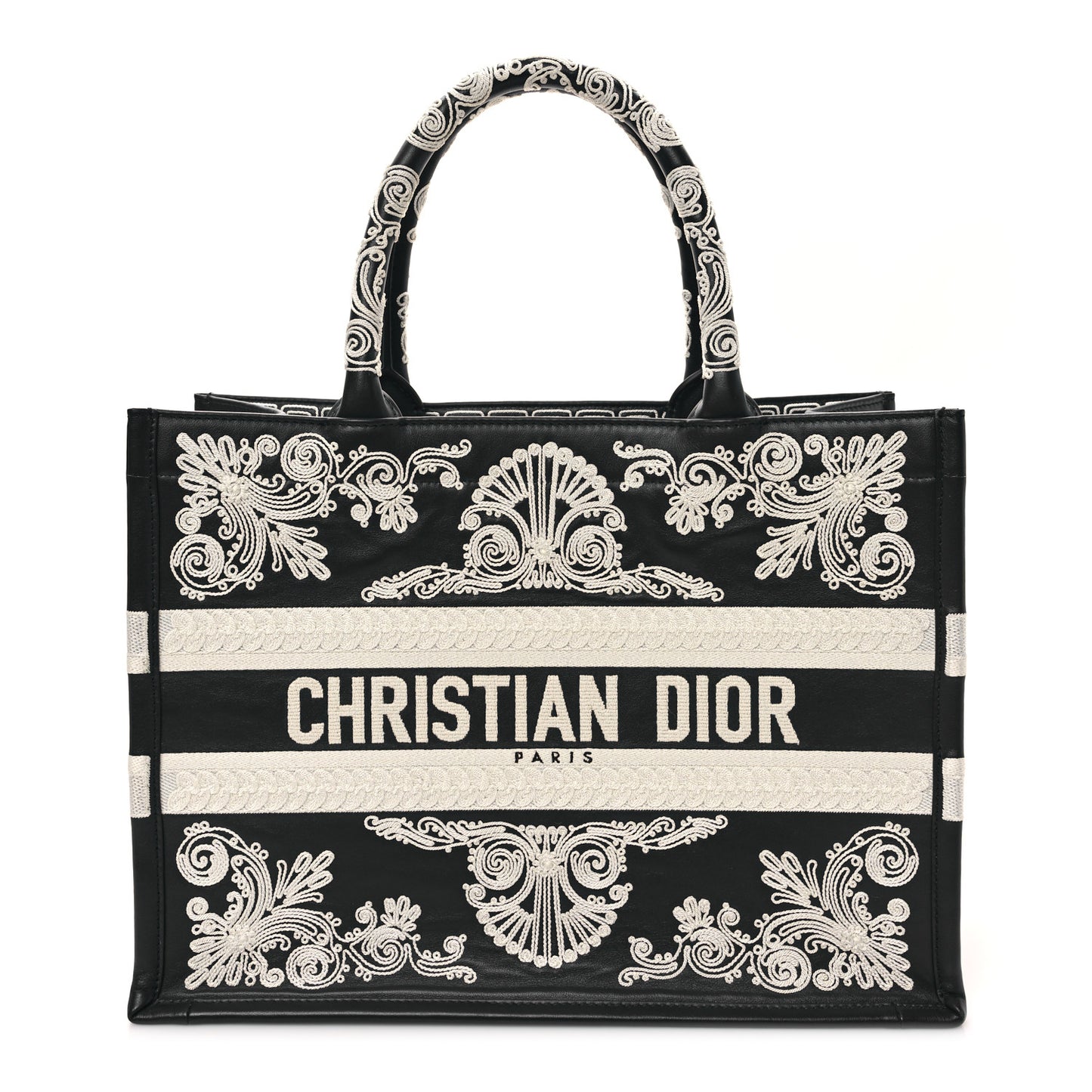 Calfskin Cornely-Effect Embroidery Medium Book Tote Black White