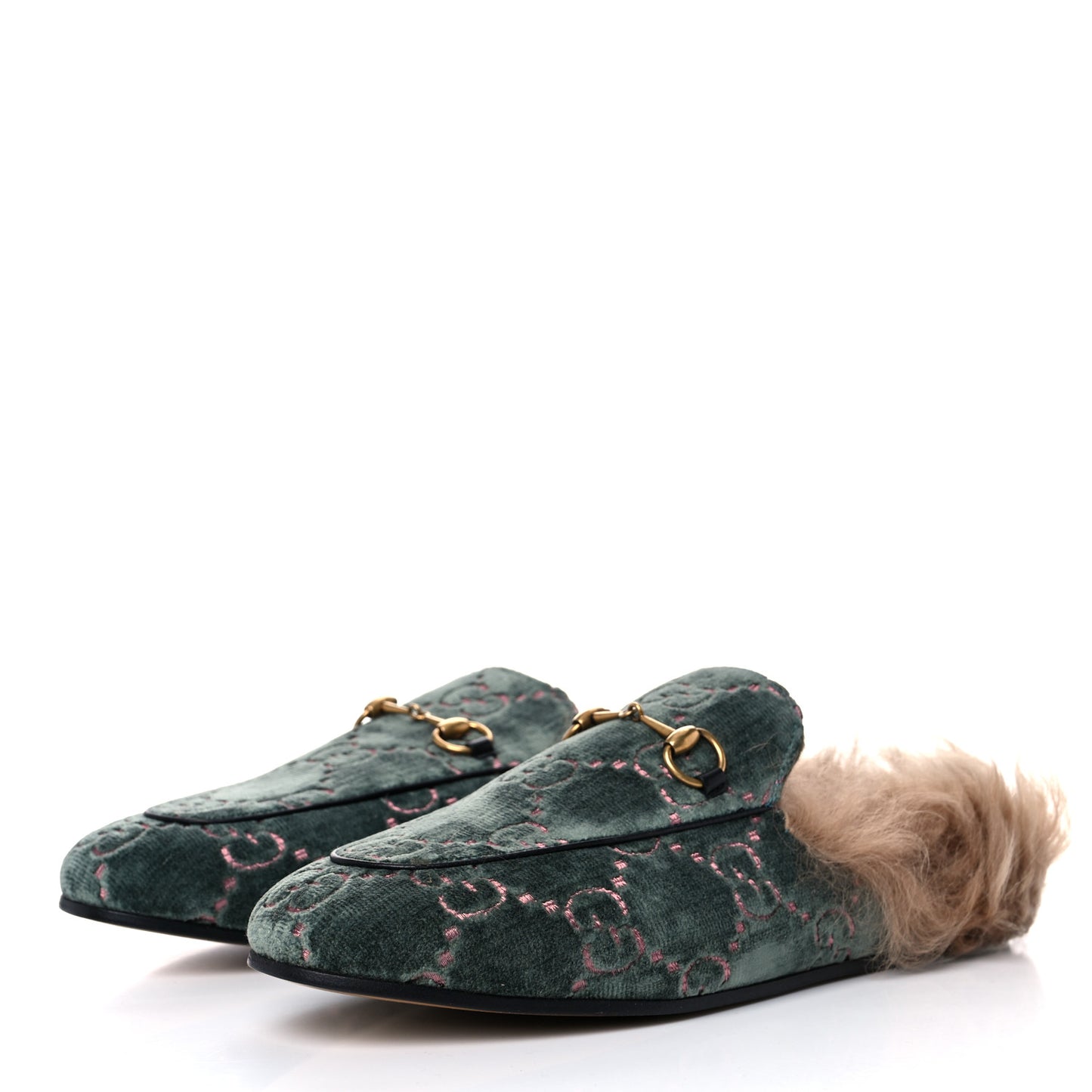 Velvet GG Monogram Fur Womens Princetown Slippers 40 Avio Dusty Pink