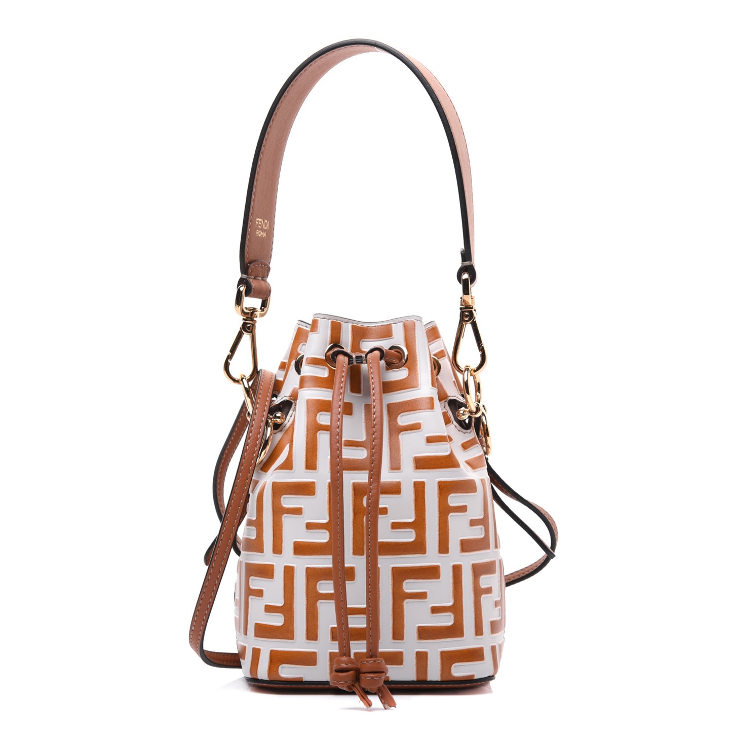 Vitello Grace F is Fendi Bi-Color FF 1974 Embossed Mini Mon Tresor Bucket Bag Camelia Saddler Brandy
