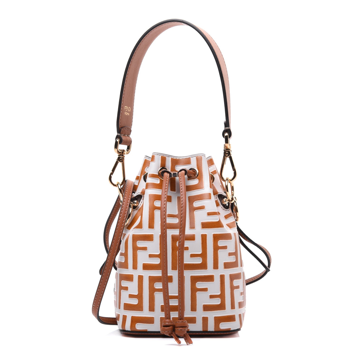 Fendi Vitello Grace F is Fendi Bi-Color FF 1974 Embossed Mini Mon Tresor Bucket Bag Camelia Saddler Brandy 1 of 17