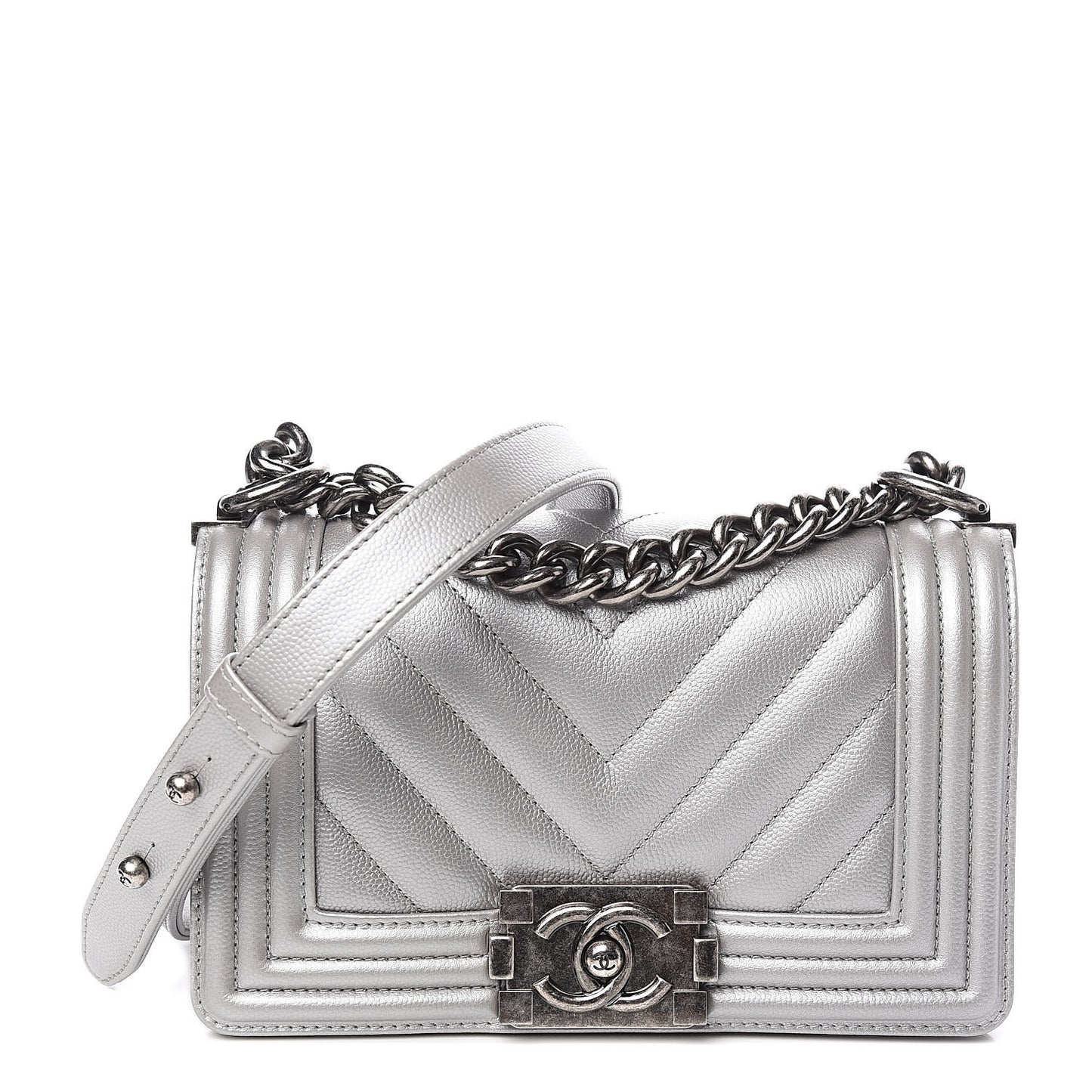 Metallic Caviar Chevron Quilted Small Boy Flap Silver