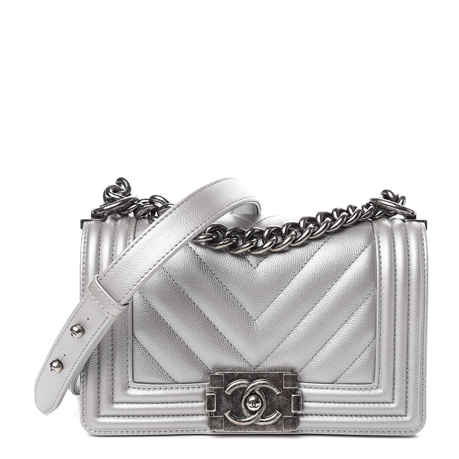 Chanel Metallic Caviar Chevron Quilted Small Boy Flap Silver 1 of 10