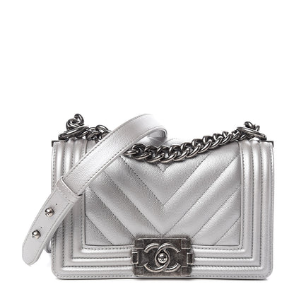 Chanel Metallic Caviar Chevron Quilted Small Boy Flap Silver 1 of 10