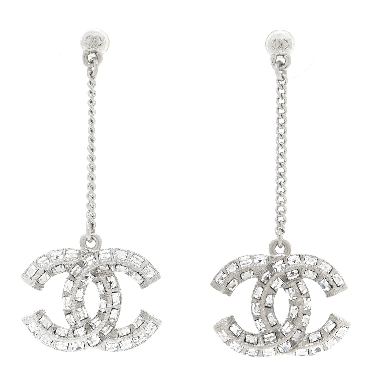 Baguette Crystal CC Drop Earrings Silver