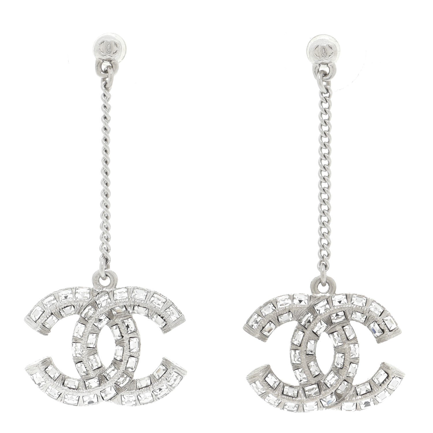 Chanel Baguette Crystal CC Drop Earrings Silver 1 of 5