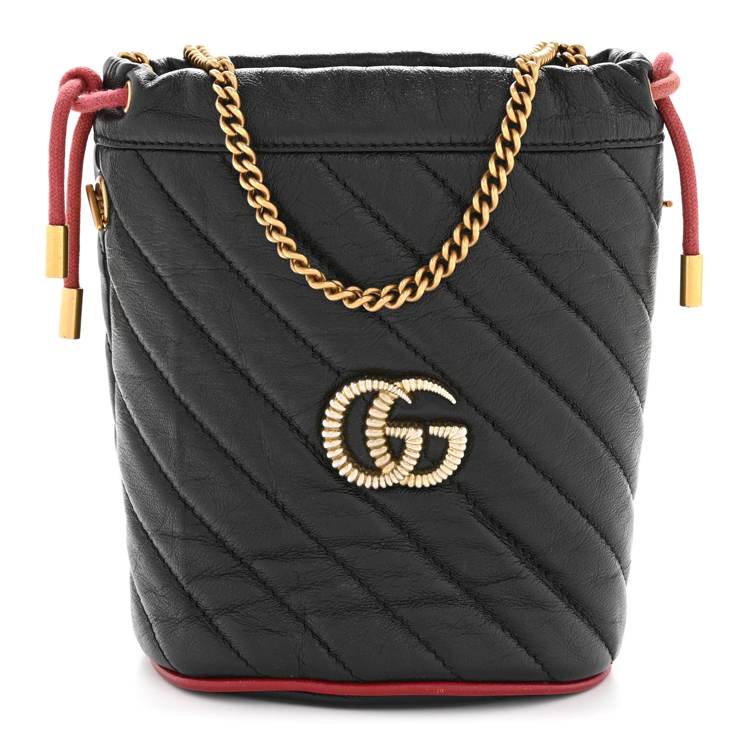 Gucci Vintage Effect Calfskin Matelasse Diagonal Mini Torchon GG Marmont 2.0 Bucket Bag Black Romantic Cherry 1 of 12