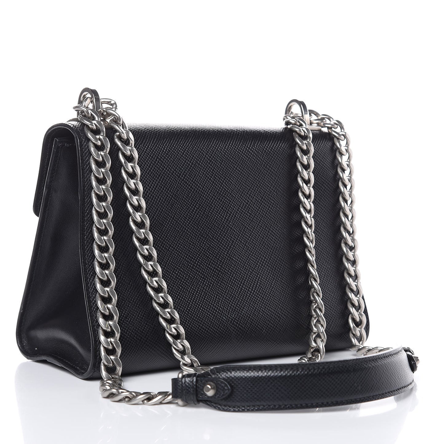 Saffiano Cuir Calfskin Monochrome Envelope Flap Chain Shoulder Bag Black