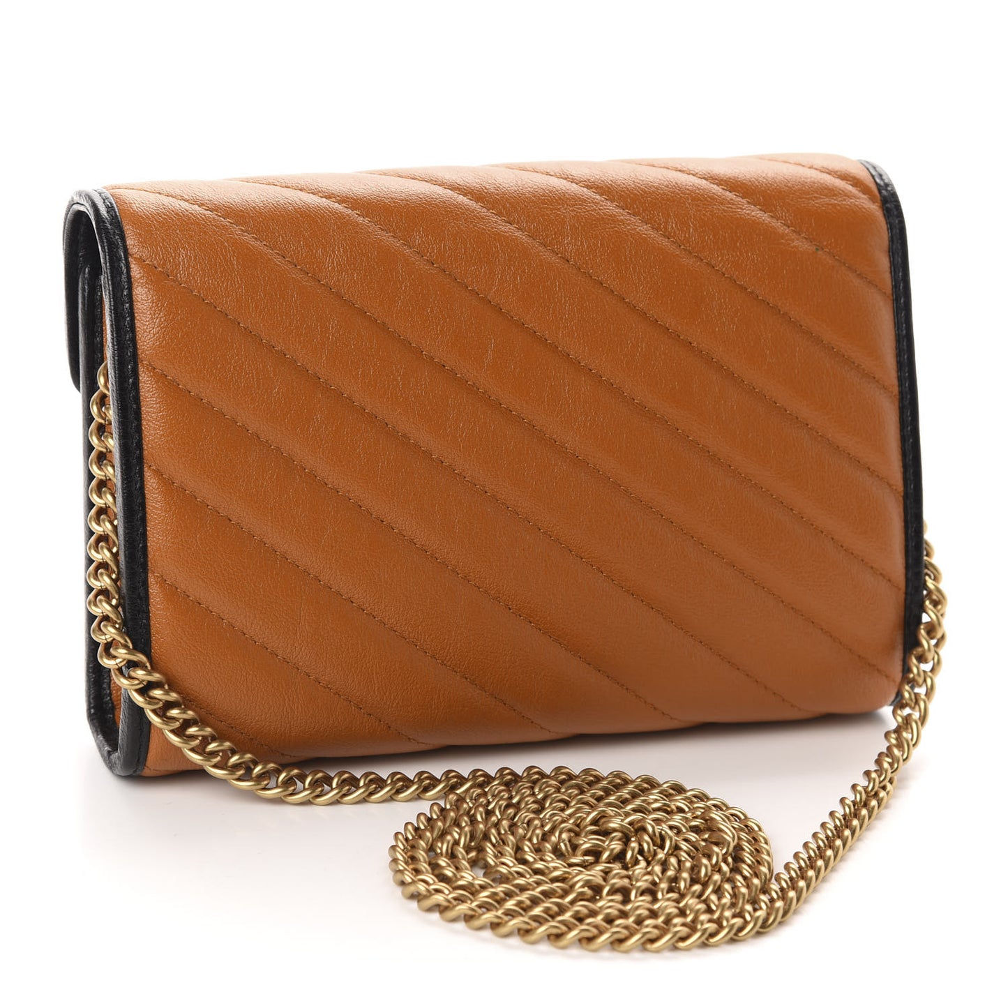 Vintage Effect Calfskin Matelasse Diagonal Torchon GG Marmont Chain Wallet Cognac