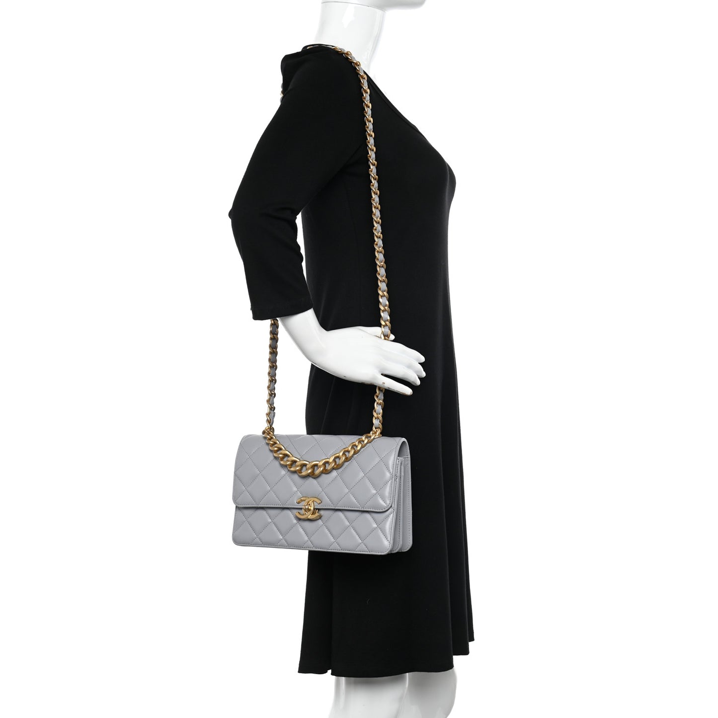 Caflskin Quilted Dual Handle Chain Flap Bag Grey