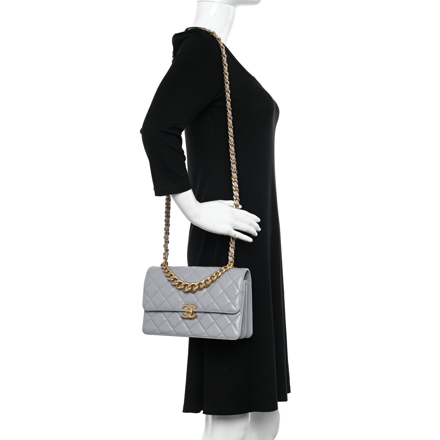 Chanel Caflskin Quilted Dual Handle Chain Flap Bag Grey 2 of 10
