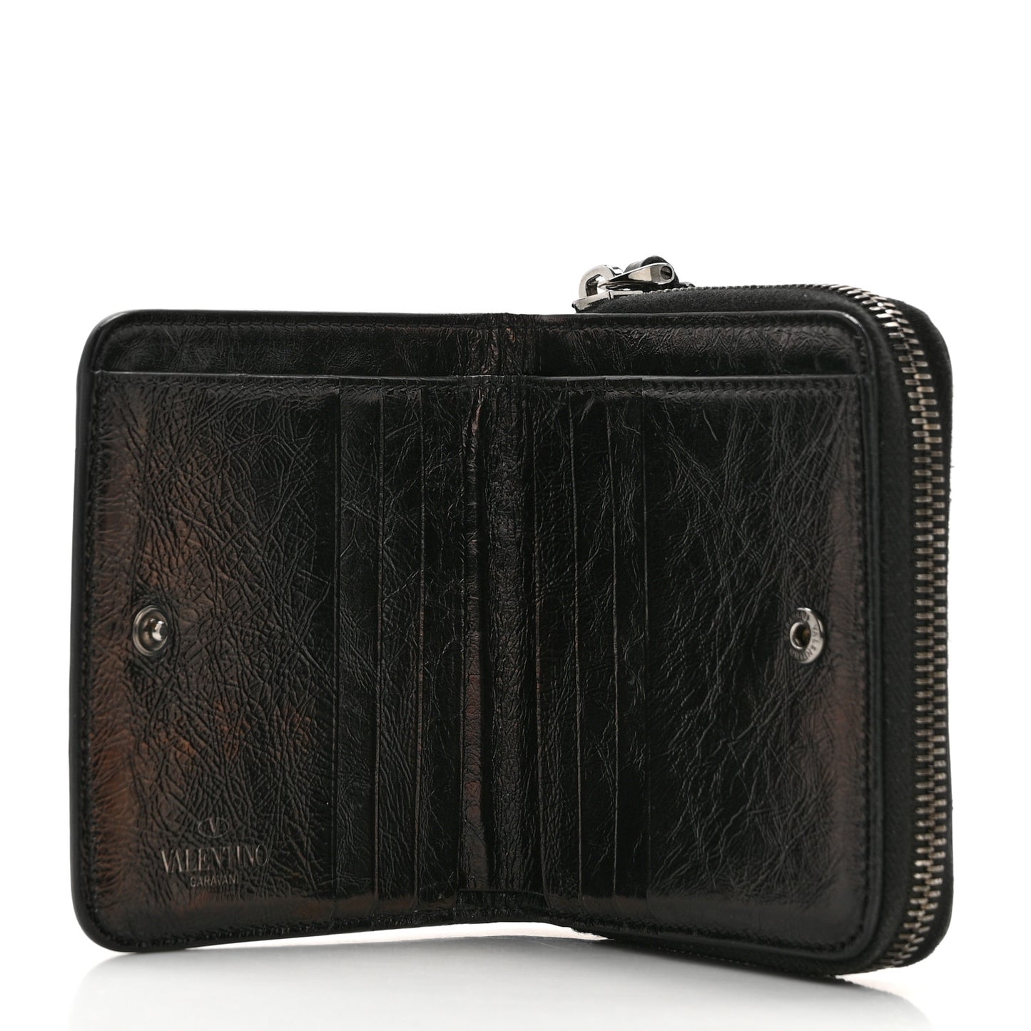 Metallic Wrinkled Calfskin Rockstud Compact Zip Around Wallet Bronze