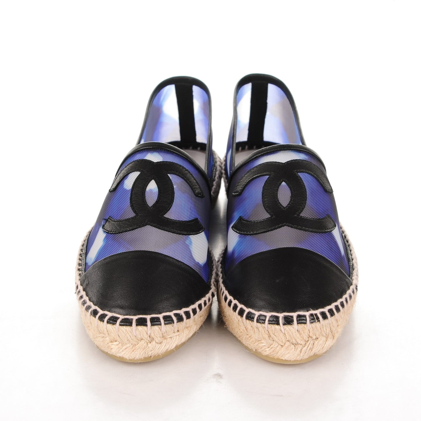 Mesh Lambskin Check Print CC Espadrilles 39 Blue Black White