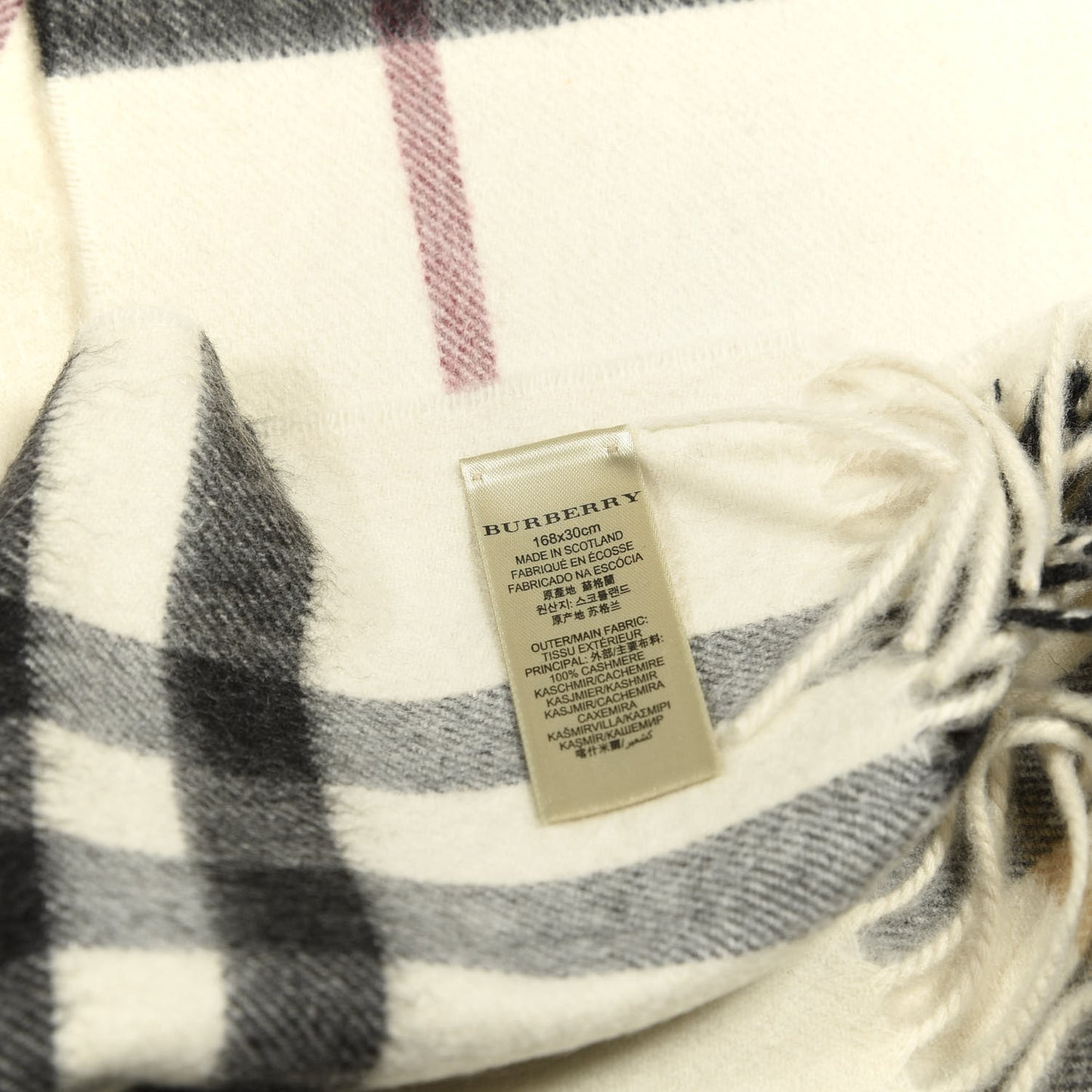 Cashmere Giant Check Fringe Scarf Natural White