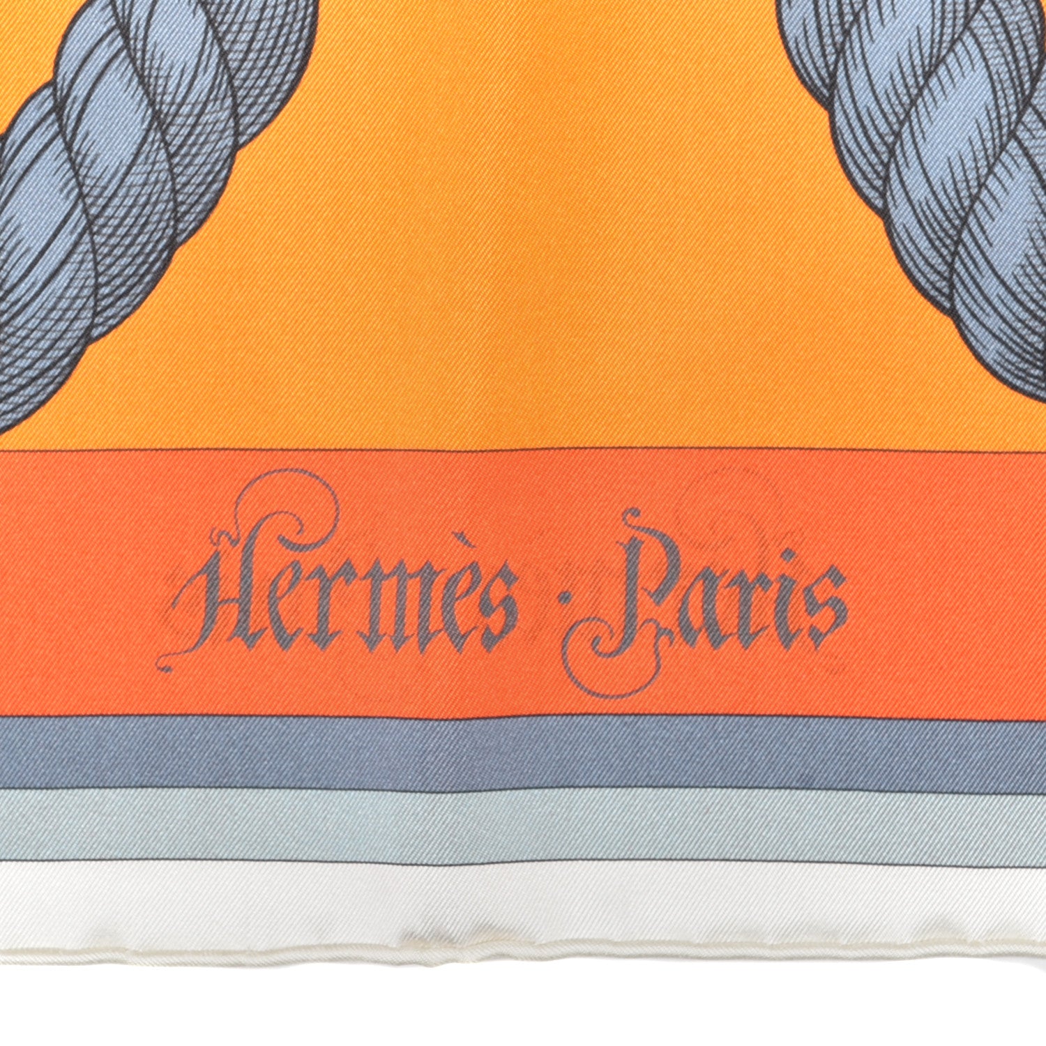 Hermes Silk Double Face Della Cavalleria Fine Scarf 90 Orange Bleu Jean 2 of 5