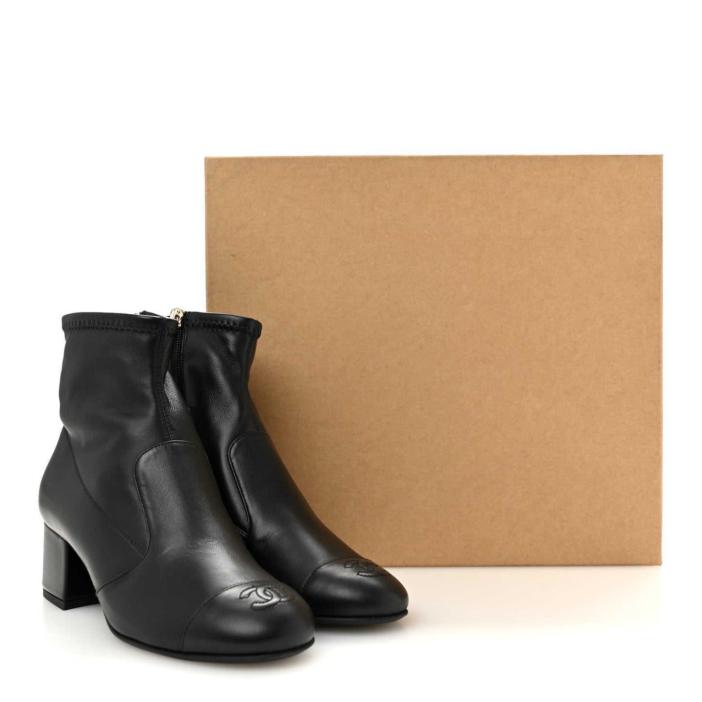 Stretch Lambskin Cap Toe CC Uniform Short Boots 36 Black