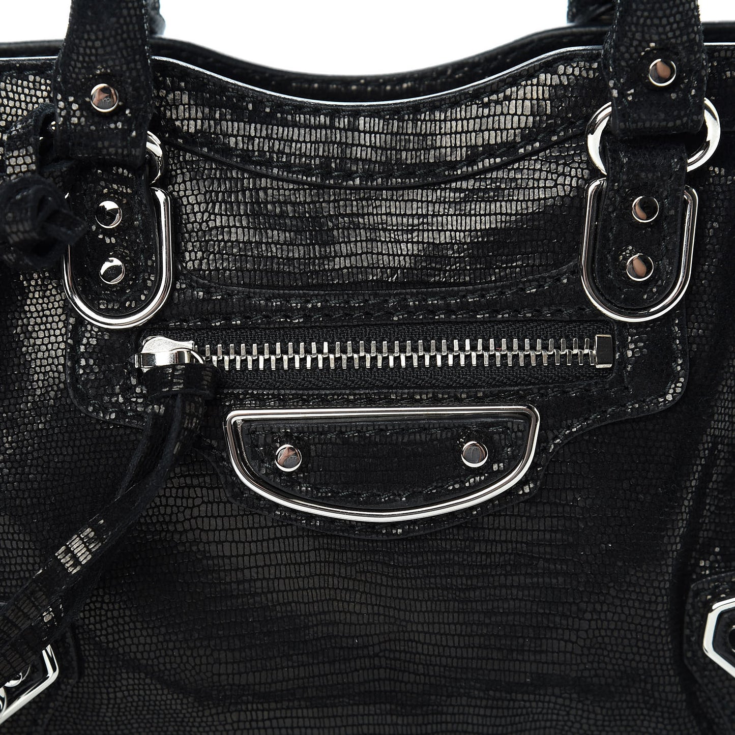 Lizard Embossed Agneau Silver Metallic Edge Hardware Nano City Black