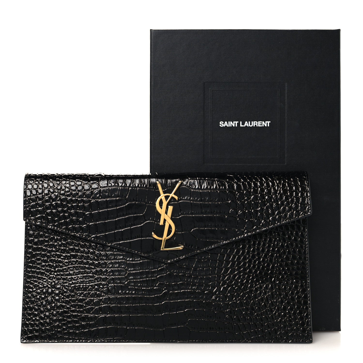 Saint Laurent Calfskin Crocodile Embossed Uptown Monogram Pouch Black 7 of 7