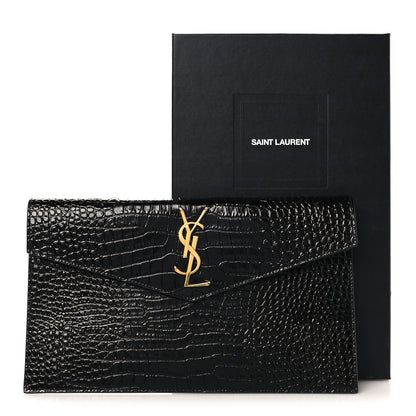 Saint Laurent Calfskin Crocodile Embossed Uptown Monogram Pouch Black 7 of 7