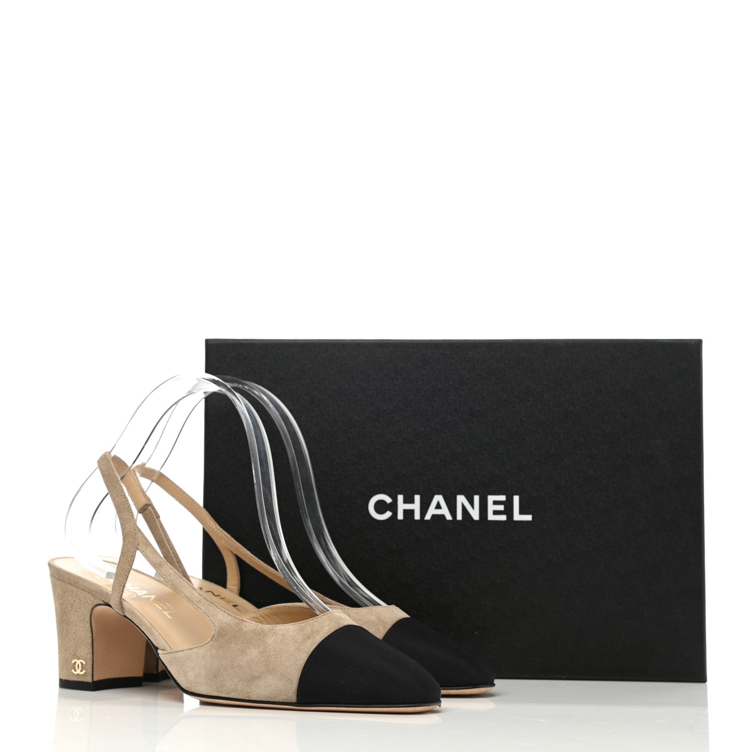 Chanel Kid Suede Grosgrain Cap Toe CC Slingback Sandals 39 Beige Black 9 of 9