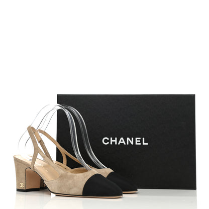 Chanel Kid Suede Grosgrain Cap Toe CC Slingback Sandals 39 Beige Black 9 of 9