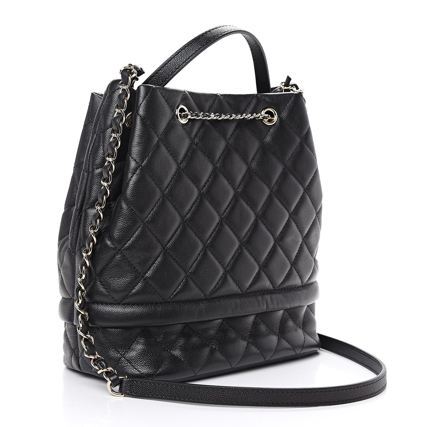 Caviar Quilted Large Rolled Up Bucket Drawstring Bag Black