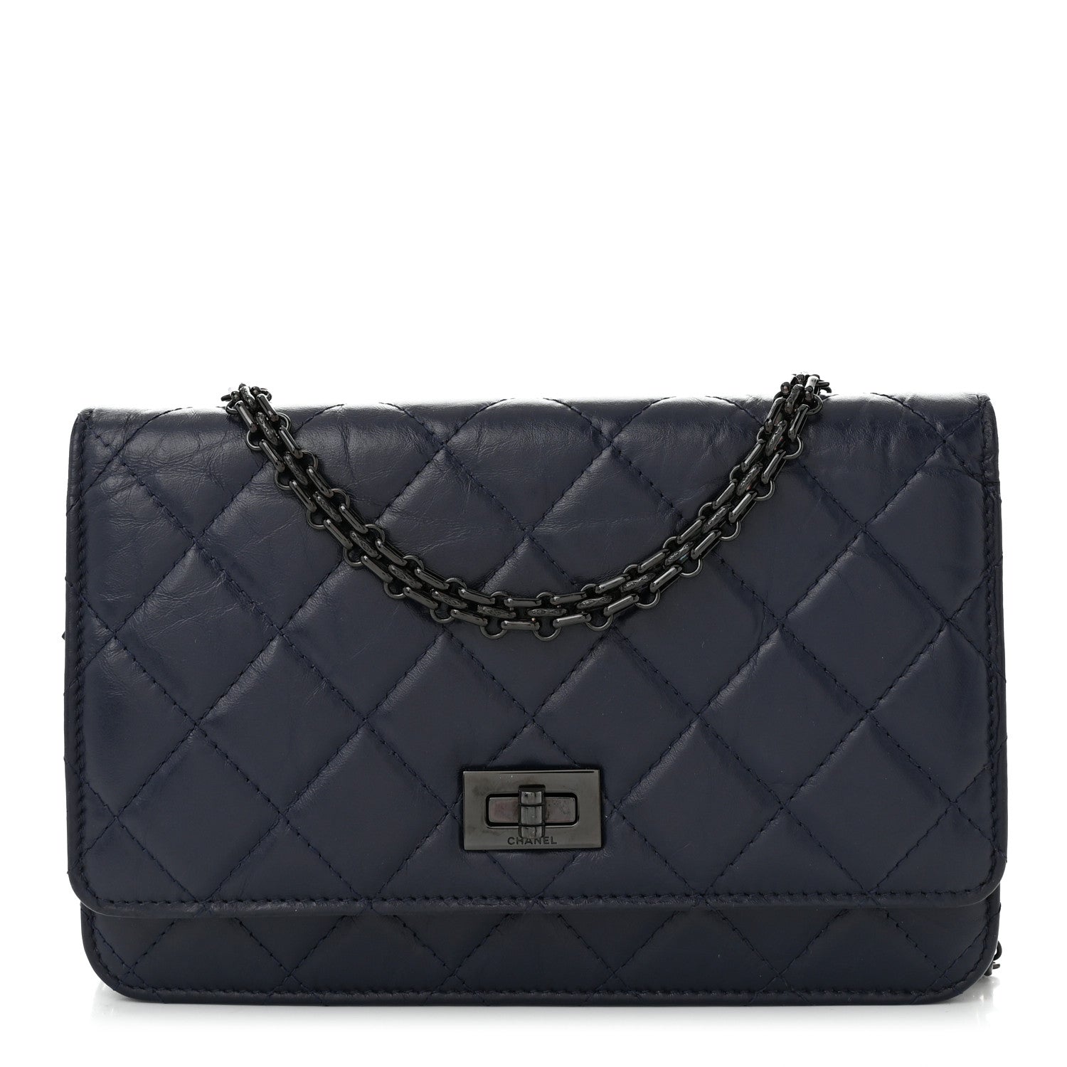 Chanel Aged Calfskin Quilted Reissue Wallet On Chain WOC Navy Blue 1 of 11