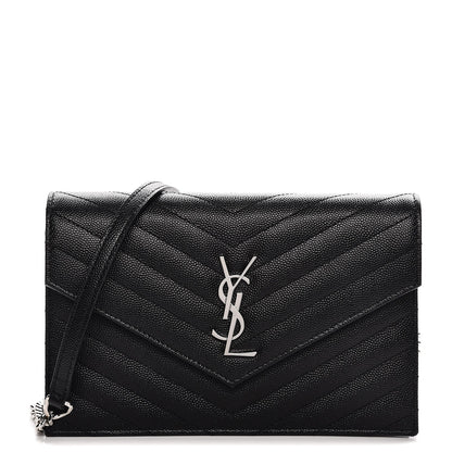 Saint Laurent Grain De Poudre Matelasse Chevron Monogram Envelope Chain Wallet Black 1 of 10
