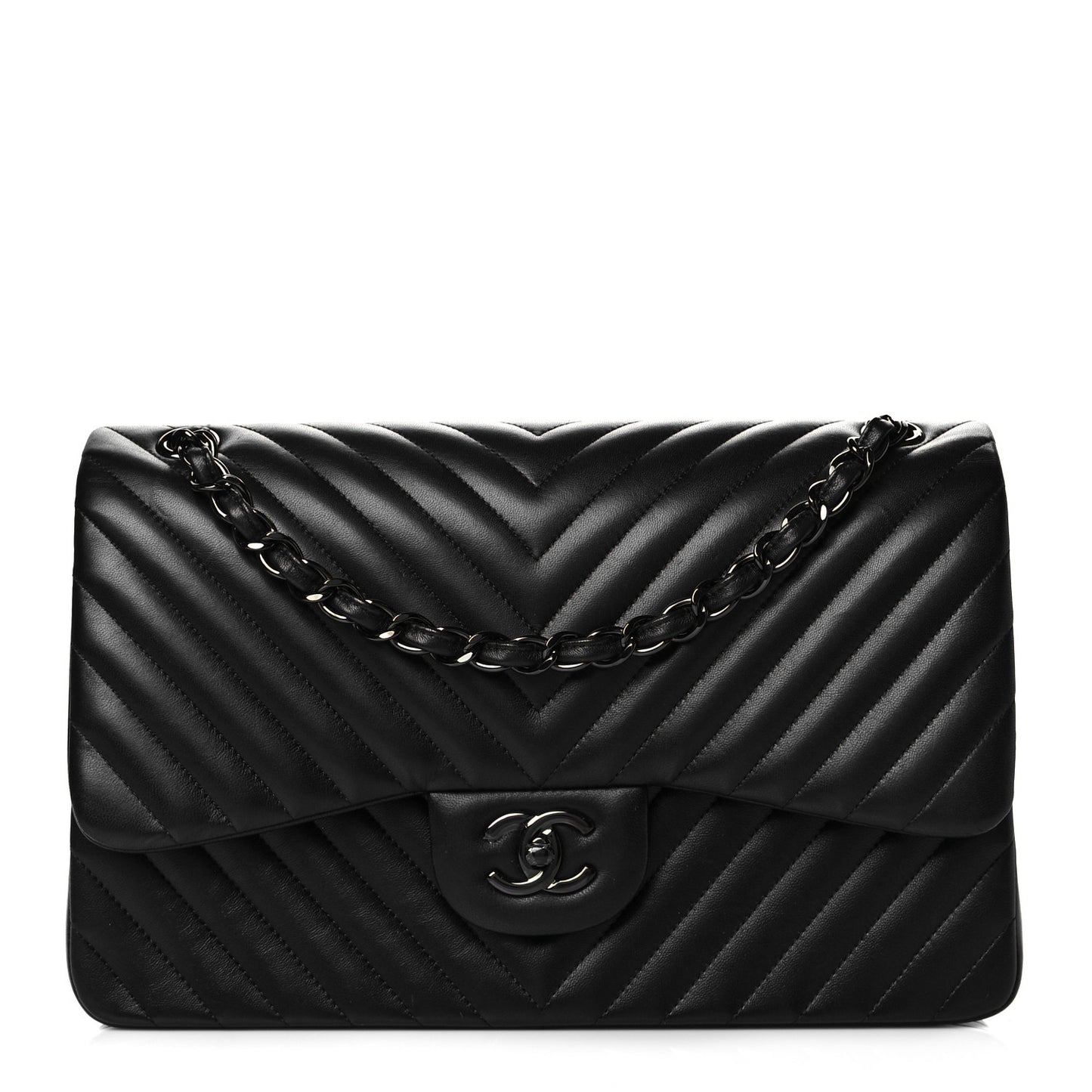 Lambskin Chevron Quilted Jumbo Double Flap So Black