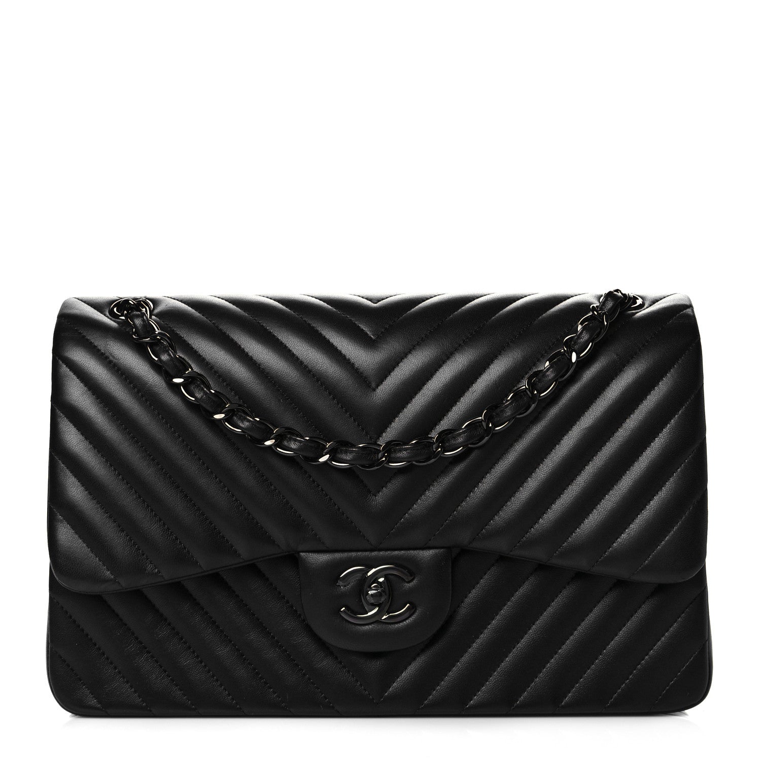 Chanel Lambskin Chevron Quilted Jumbo Double Flap So Black 1 of 11