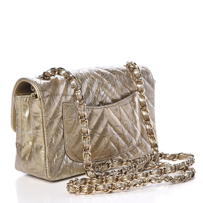Chanel Patent Metallic Crumpled Calfskin Chevron Quilted Mini Rectangular Flap Gold 3 of 11