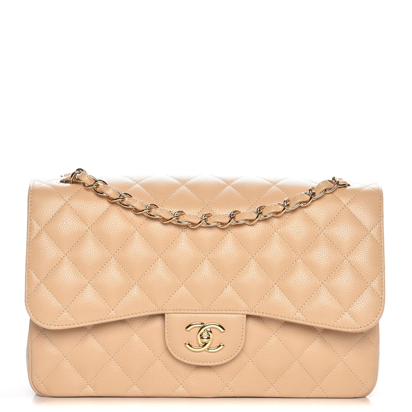 Caviar Quilted Jumbo Double Flap Beige Clair