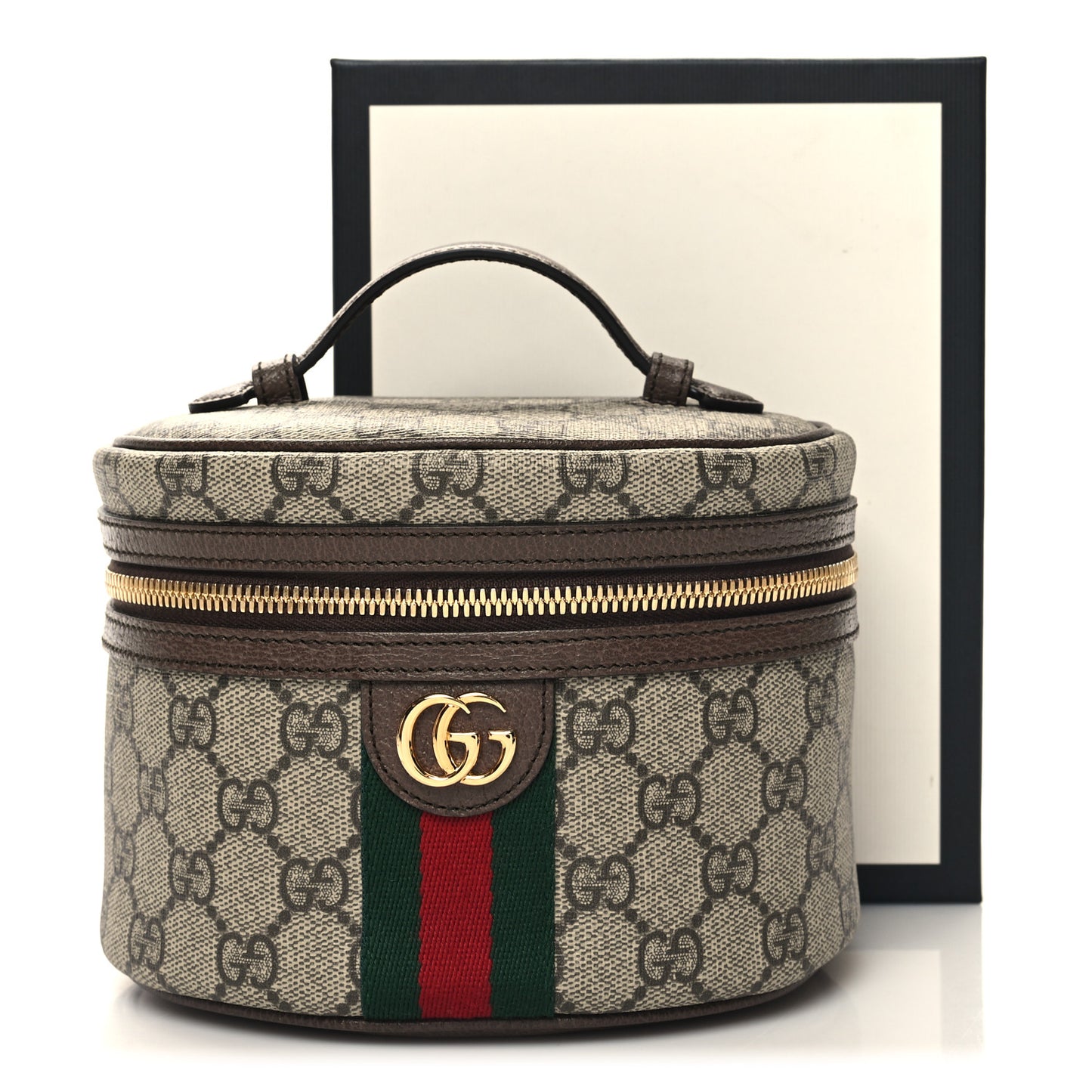 GG Supreme Monogram Textured Calfskin Web Ophidia Vanity Cosmetic Case Beige Ebony New Acero