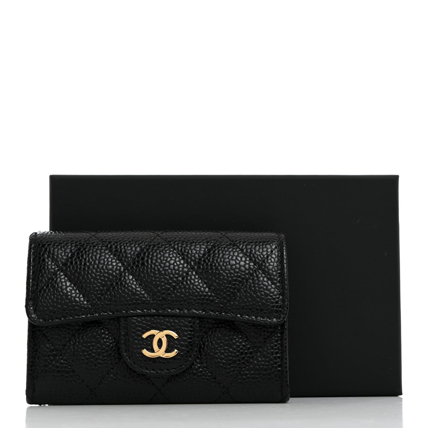 Caviar Quilted Flap Card Holder Wallet Black