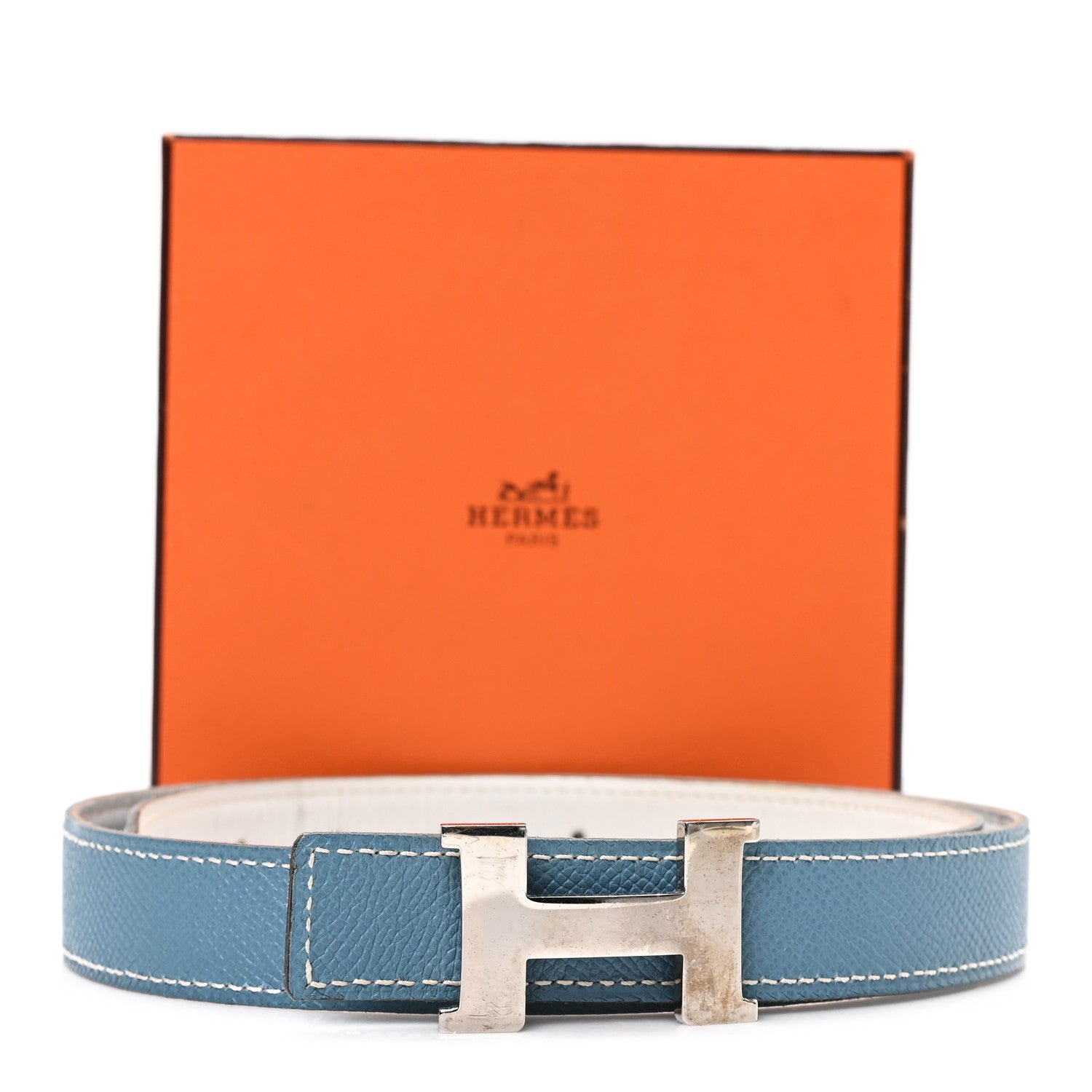 Hermes Swift Epsom Strie 24mm H Belt 85 34 White Blue Jean 5 of 5