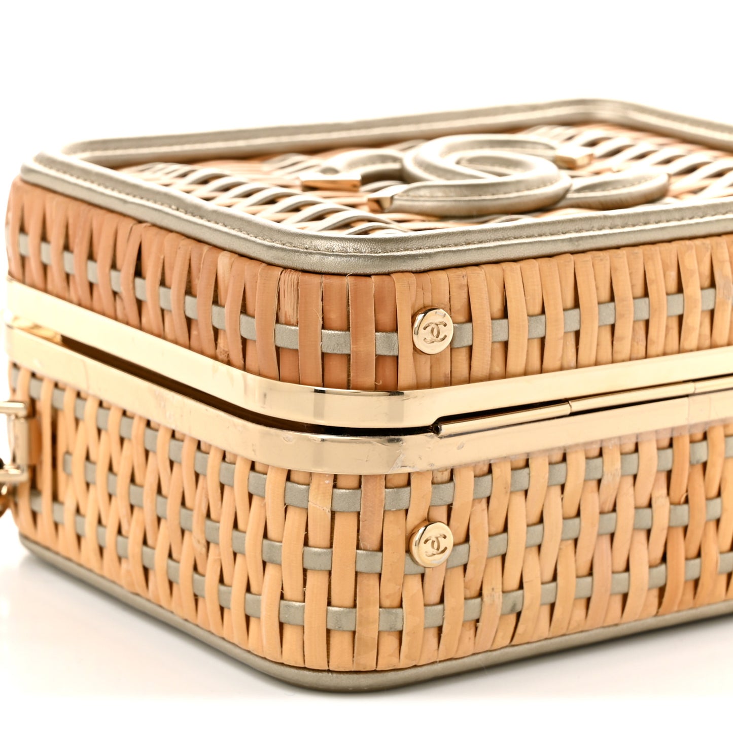 Raffia Calfskin Small CC Filigree Vanity Case Gold