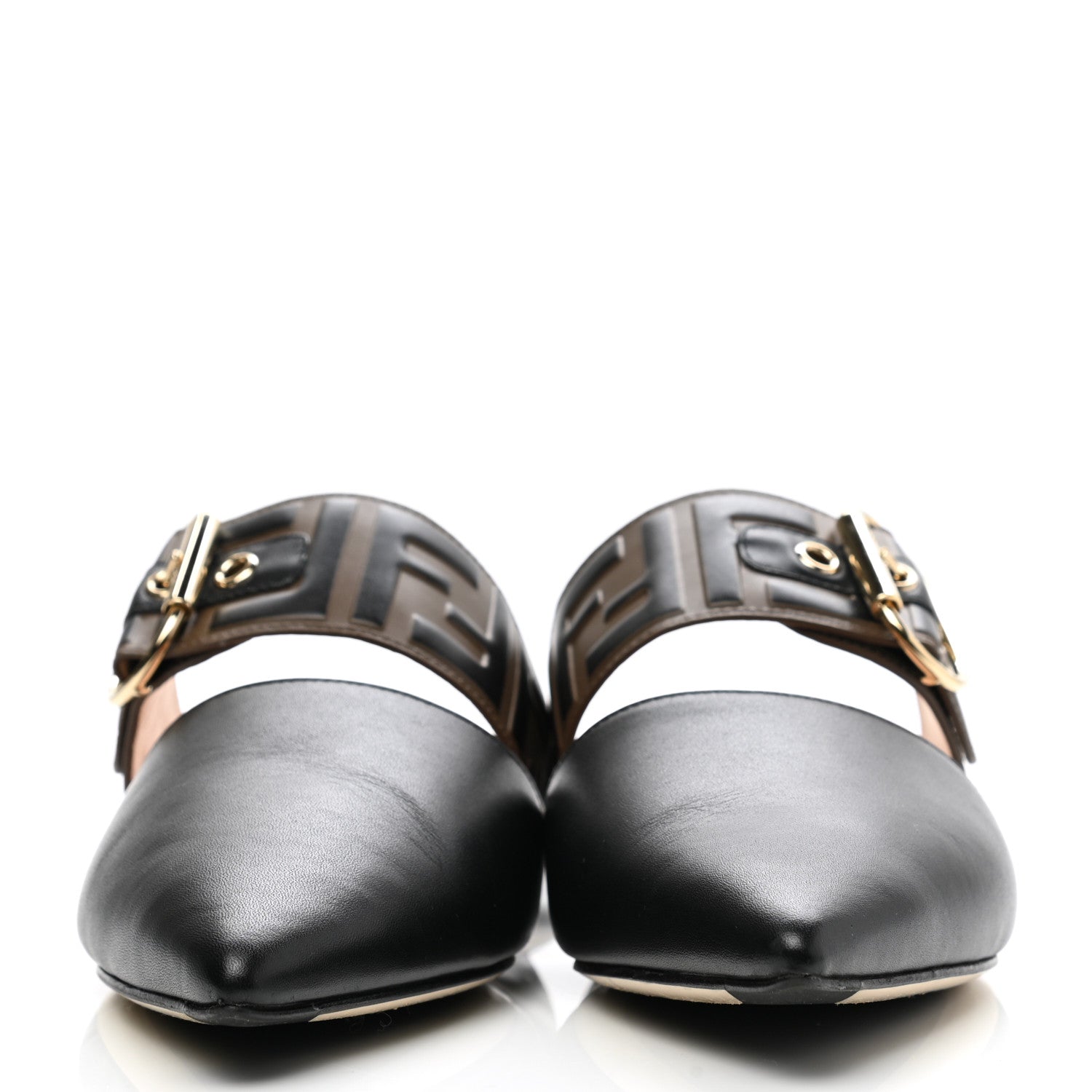 Fendi Vitello FF Embossed Buckle Flat Mules 37 Maya Black 2 of 9