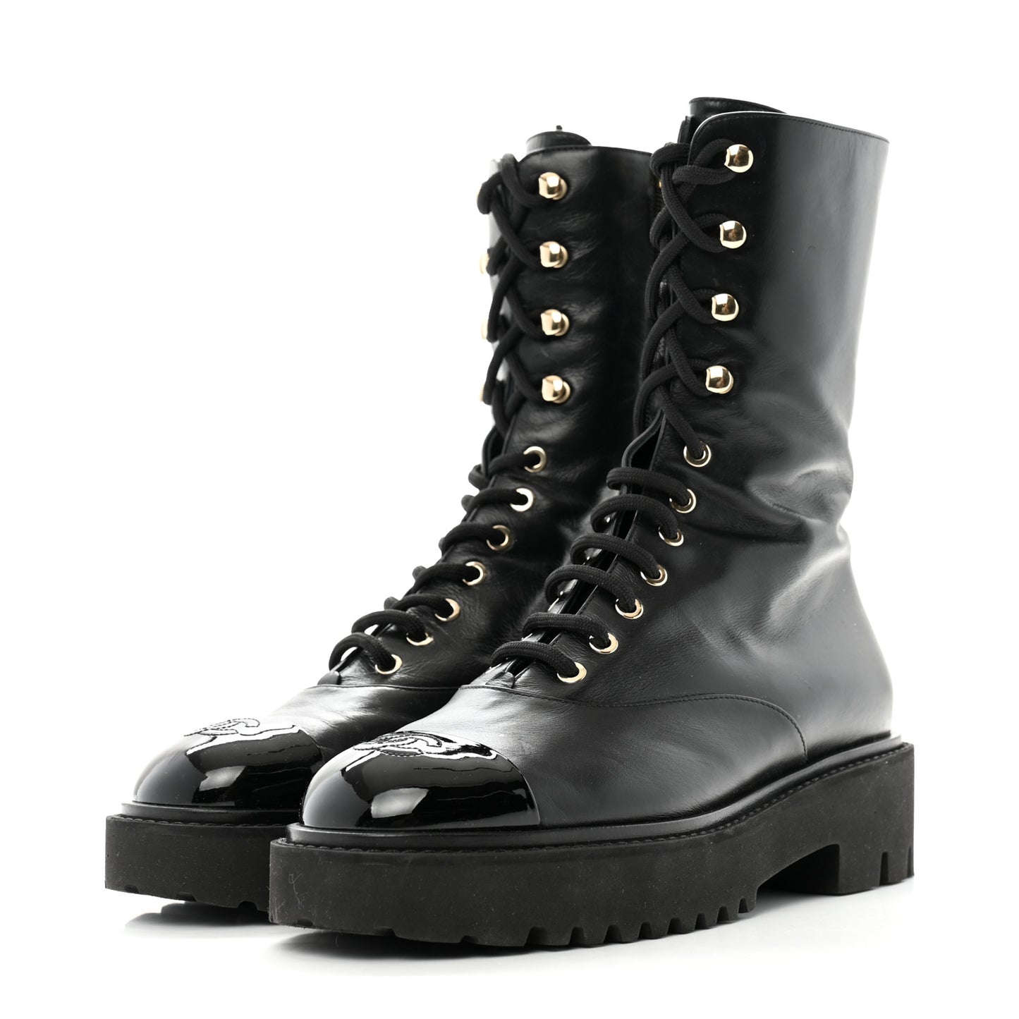 Crumpled Calfskin Patent Cap Toe Lace Up Combat Boots 39.5 Black