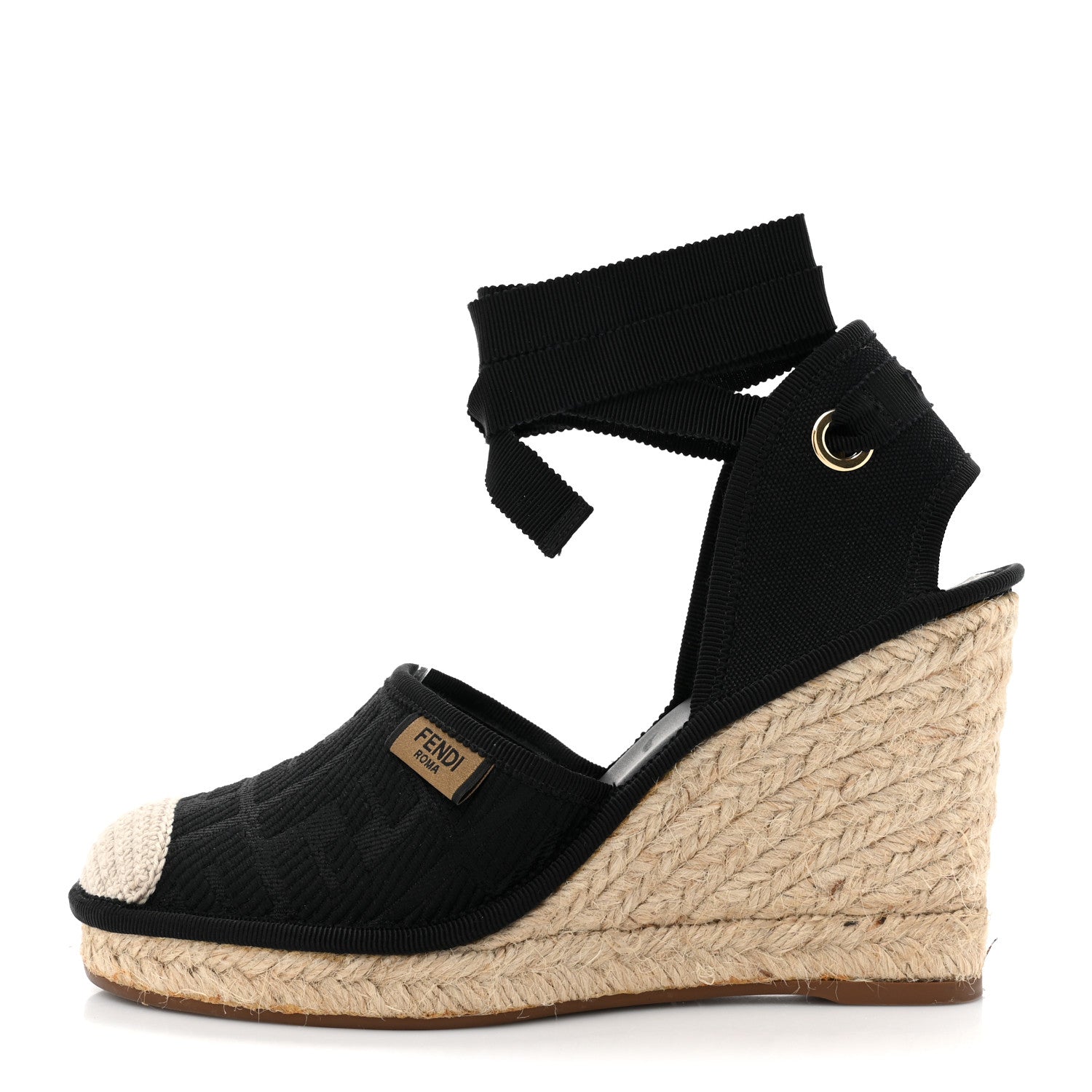 Fendi Canvas FF Embroidered Roma Ankle Wrap Wedge Espadrilles 36 Black 1 of 11