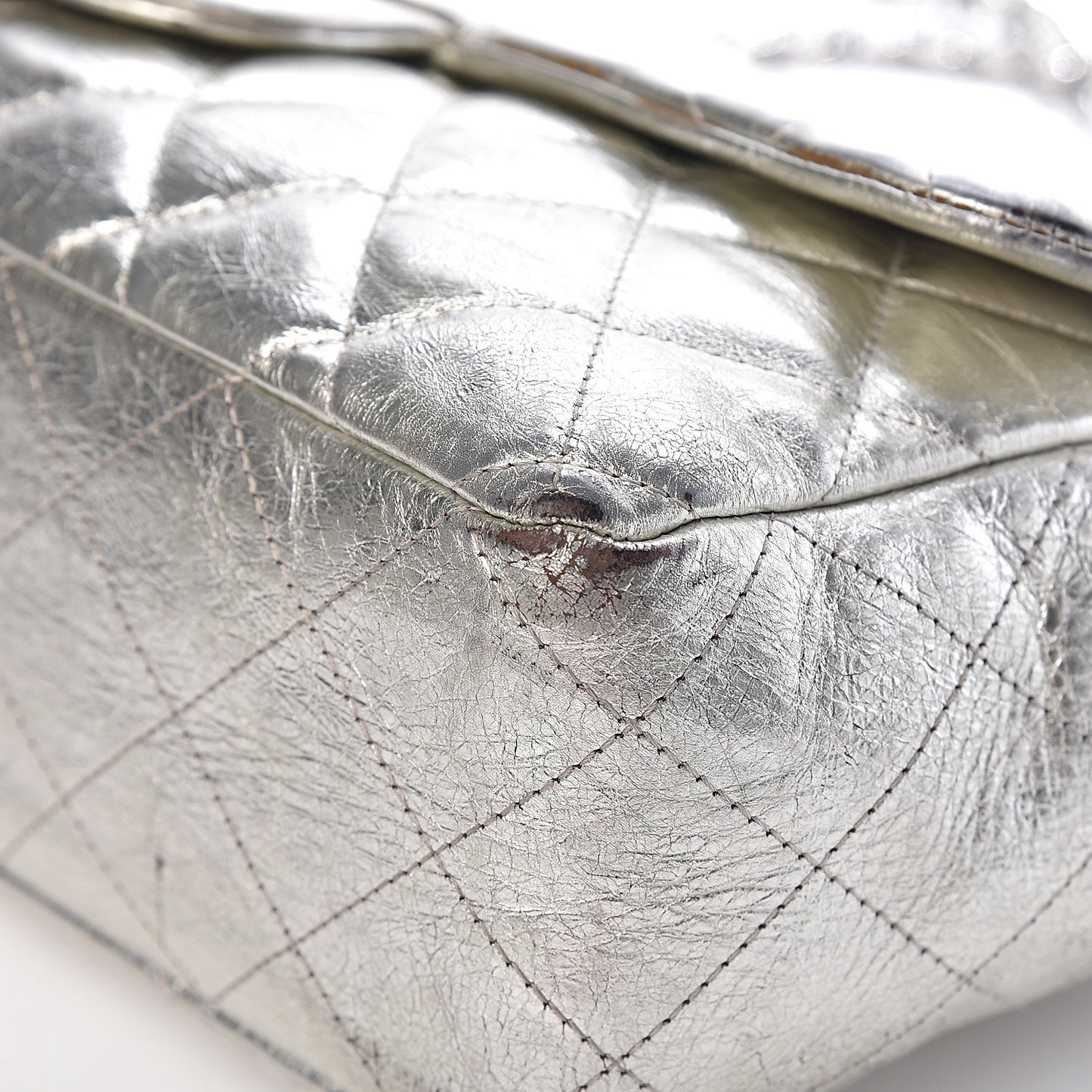 Metallic Aged Calfskin Quilted Jumbo Single Flap Silver