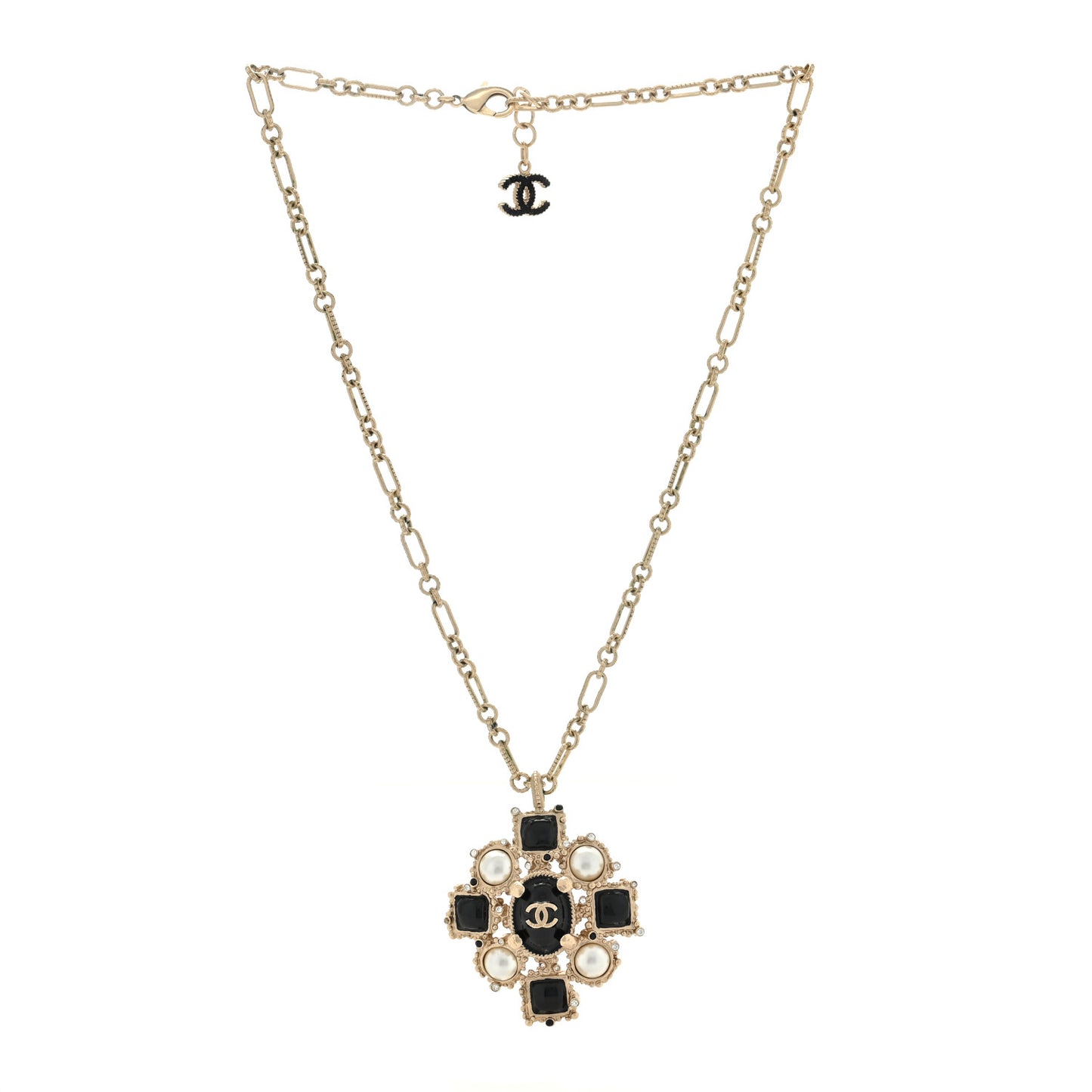 Gripoix Poured Glass Pearl CC Pendant Necklace Black Gold