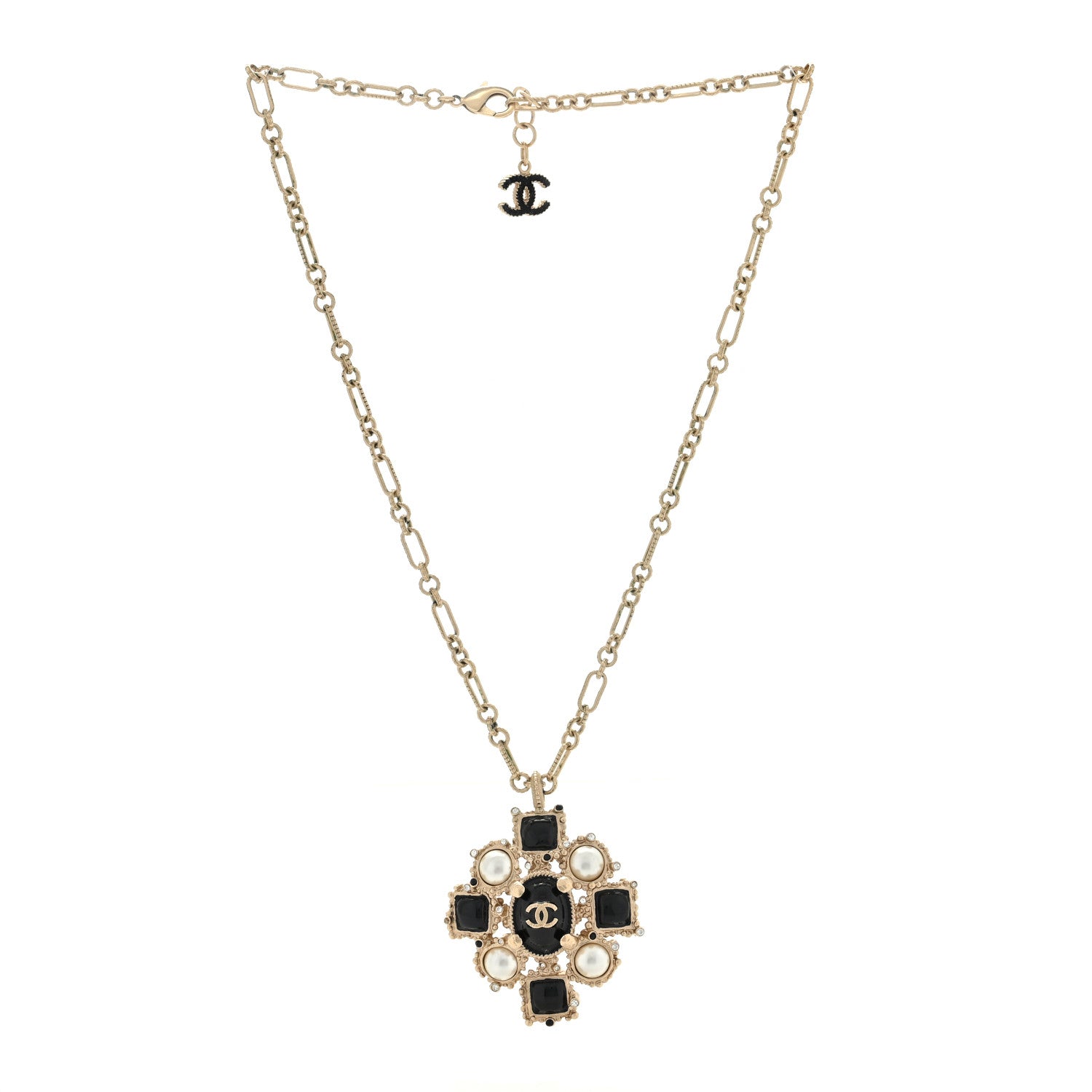 Chanel Gripoix Poured Glass Pearl CC Pendant Necklace Black Gold 3 of 4