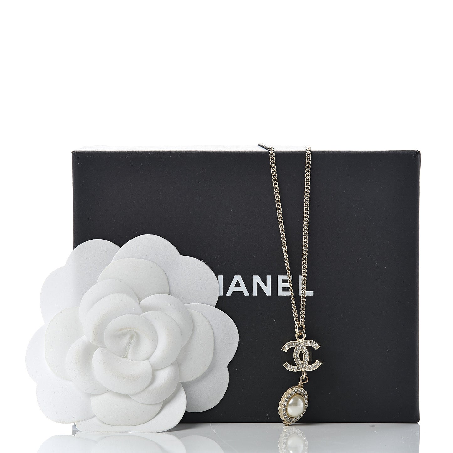 Crystal CC Pearl Drop Necklace Gold