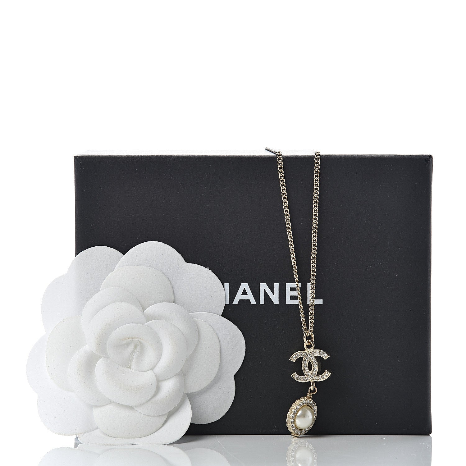 Chanel Crystal CC Pearl Drop Necklace Gold 5 of 5