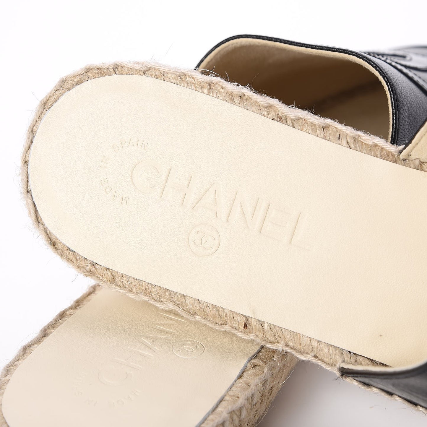 Iridescent Goatskin Patent CC Espadrille Mules 42 Black