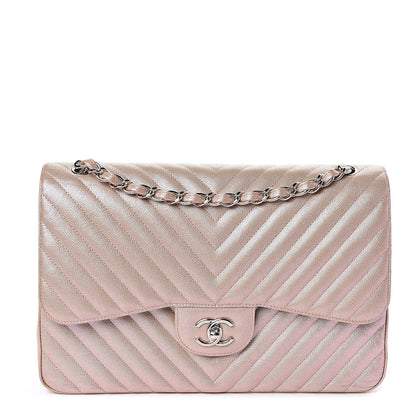 Chanel Metallic Caviar Chevron Quilted Jumbo Double Flap Light Gold 1 of 11