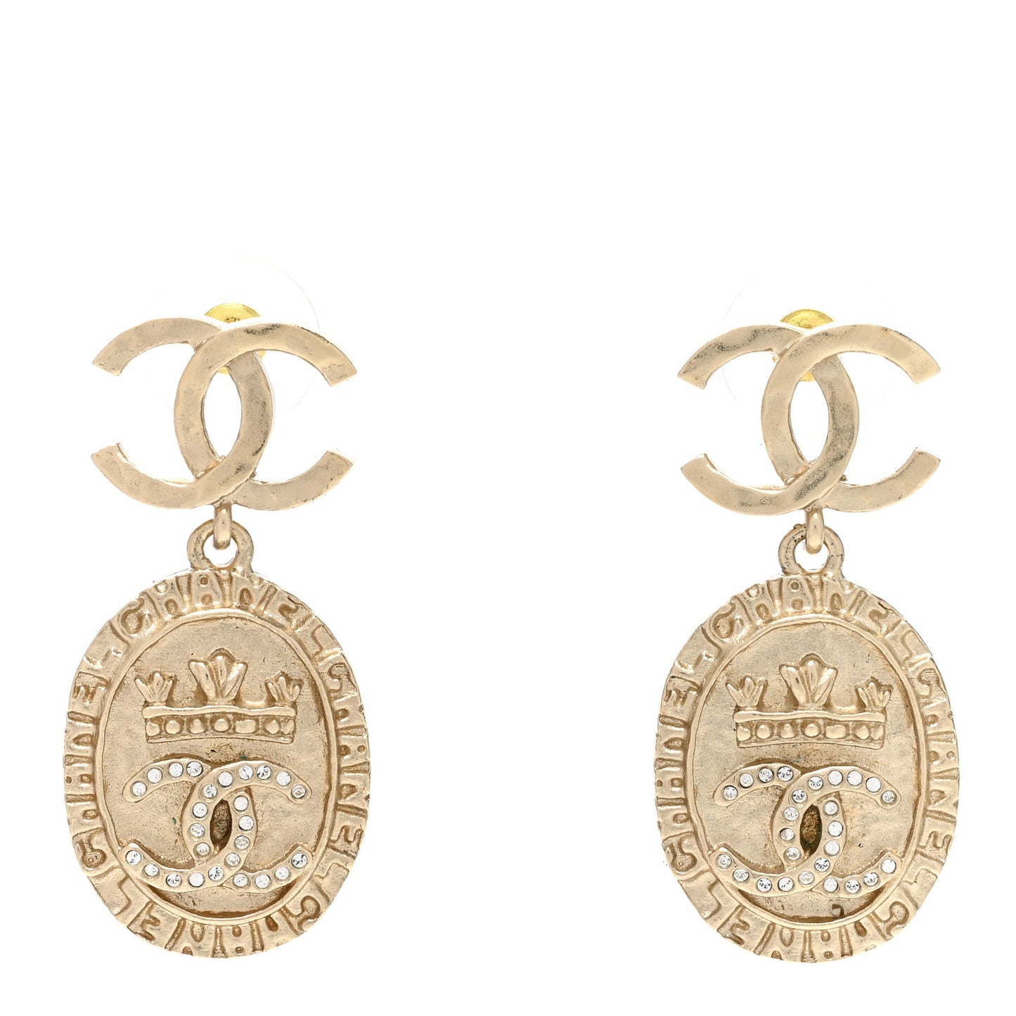 Crystal CC Medallion Drop Earrings Gold