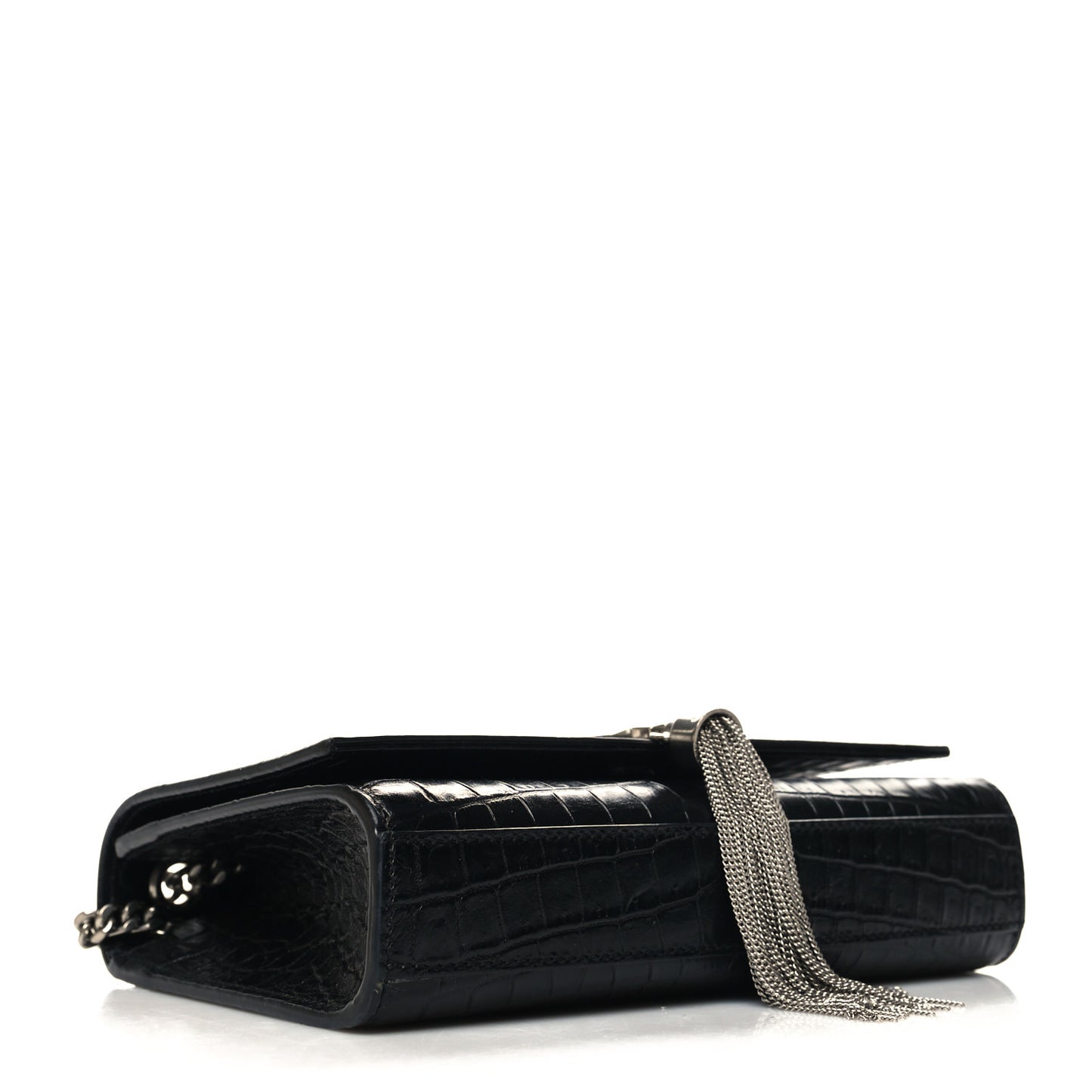 Calfskin Crocodile Embossed Small Classic Monogram Kate Tassel Satchel Black