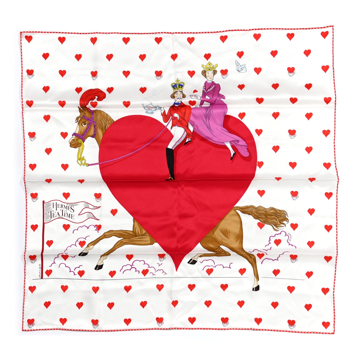 Hermes Silk Tea Time Scarf 70 White Framboise Rouge 1 of 5