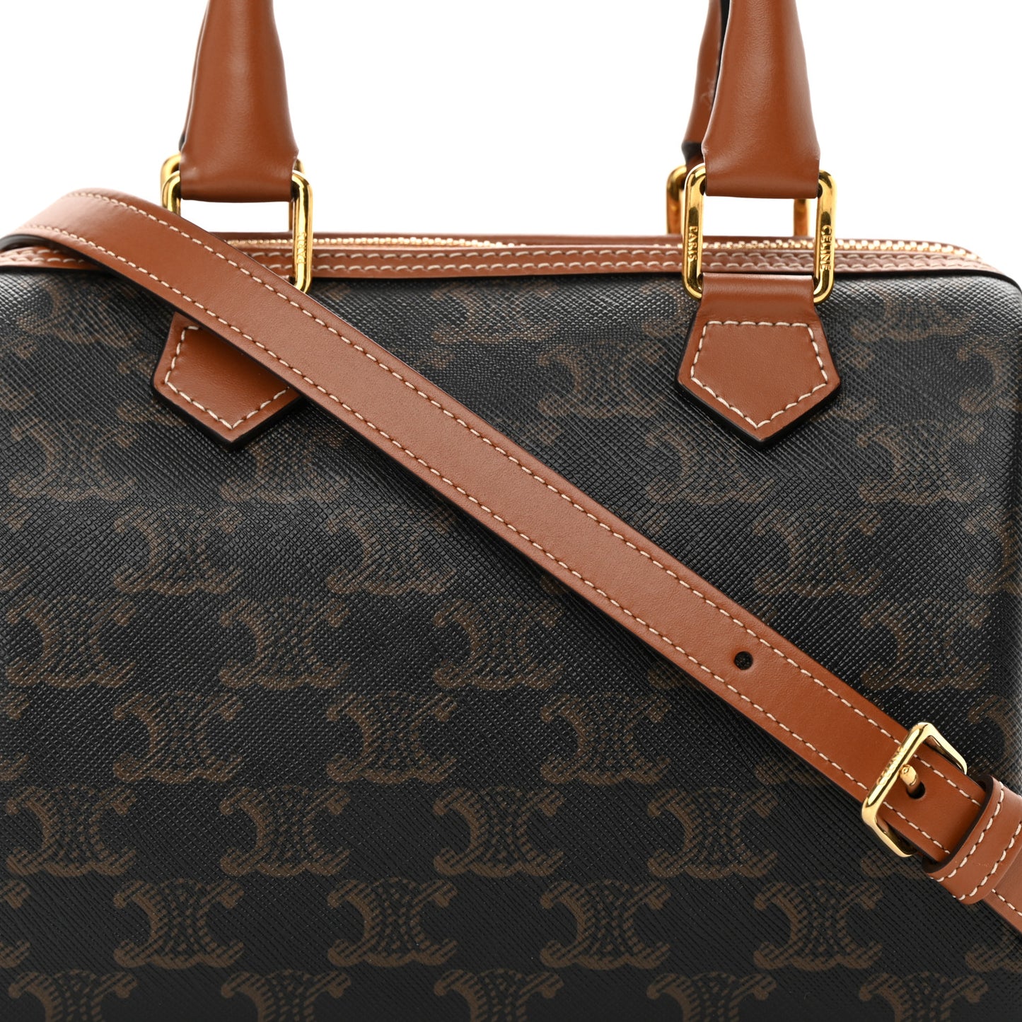 Triomphe Canvas Calfskin Small Boston Bag Tan