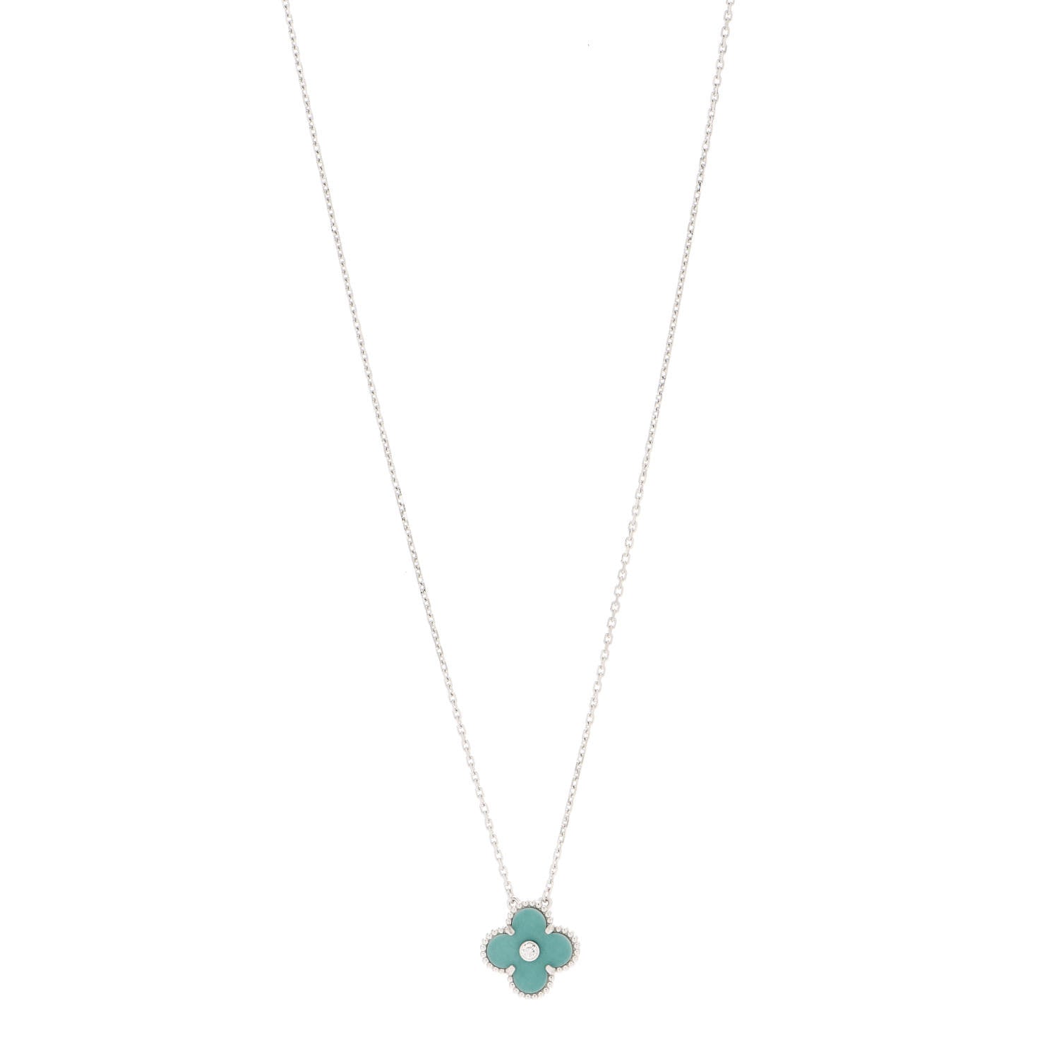 Van Cleef & Arpels 18K White Gold Diamond Celadon Green Sevres Porcelain Vintage Alhambra Pendant Necklace 1 of 6